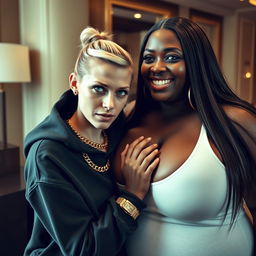 In a luxurious hotel environment, a young, petite, and slender 20-year-old blonde woman with blue eyes is dressed in a gangster-style hooded sweatshirt