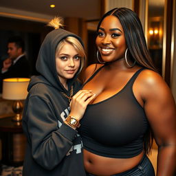 In a luxurious hotel setting, a young, very petite and slender 20-year-old blonde woman with blue eyes is dressed in a gangster-style hooded sweatshirt