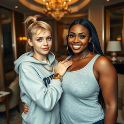 In a luxurious hotel setting, a young, very petite and slender 20-year-old blonde woman with blue eyes is dressed in a gangster-style hooded sweatshirt