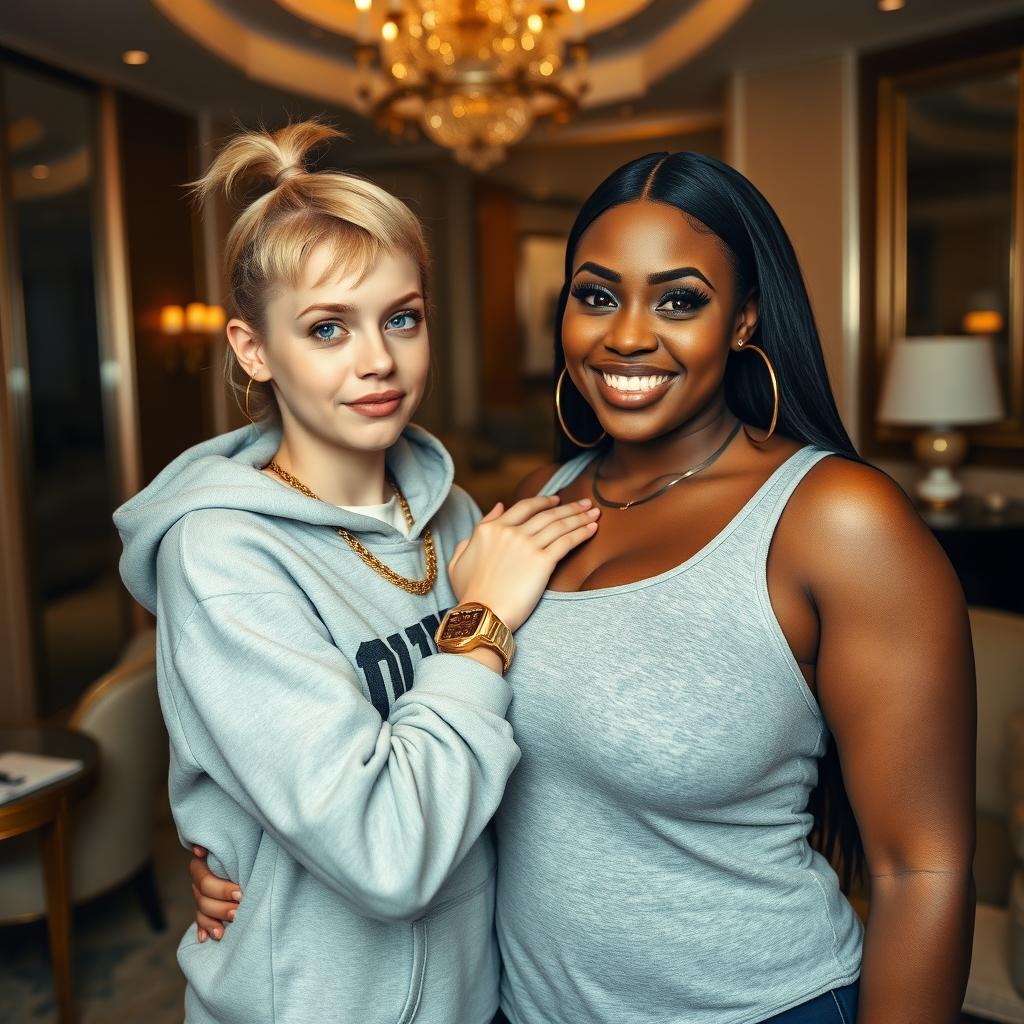 In a luxurious hotel setting, a young, very petite and slender 20-year-old blonde woman with blue eyes is dressed in a gangster-style hooded sweatshirt