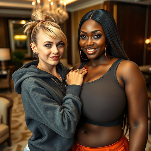 In a luxurious hotel setting, a young, very petite and slender 20-year-old blonde woman with blue eyes is dressed in a gangster-style hooded sweatshirt