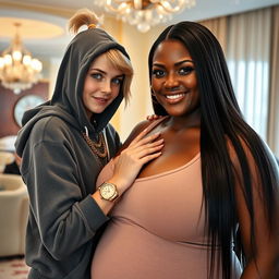 In a luxurious hotel setting, a young, very petite and slender 20-year-old blonde woman with blue eyes is dressed in a gangster-style hooded sweatshirt