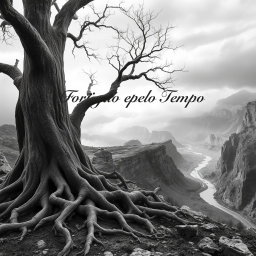 A hyper-realistic black-and-white image of a rugged landscape, featuring an ancient tree with twisted, gnarled roots in the foreground, symbolizing endurance and resilience