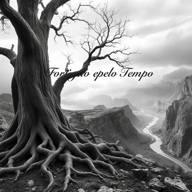 A hyper-realistic black-and-white image of a rugged landscape, featuring an ancient tree with twisted, gnarled roots in the foreground, symbolizing endurance and resilience