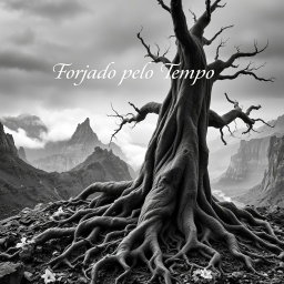 A hyper-realistic black-and-white image of a rugged landscape, featuring an ancient tree with twisted, gnarled roots in the foreground, symbolizing endurance and resilience