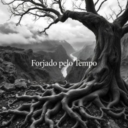 A hyper-realistic black-and-white image of a rugged landscape, featuring an ancient tree with twisted, gnarled roots in the foreground, symbolizing endurance and resilience