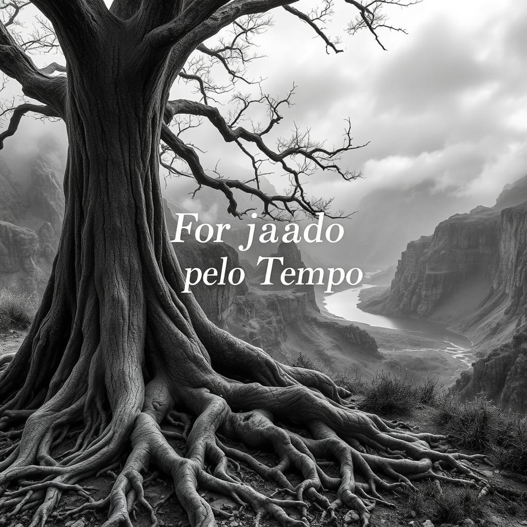 A hyper-realistic black-and-white image of a rugged landscape, featuring an ancient tree with twisted, gnarled roots in the foreground, symbolizing endurance and resilience