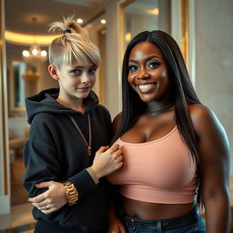 Inside a luxurious hotel, there is a striking scene featuring a very petite and slender young blonde woman, 20 years old, with blue eyes