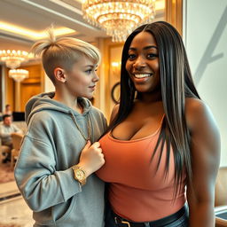 Inside a luxurious hotel, there is a striking scene featuring a very petite and slender young blonde woman, 20 years old, with blue eyes