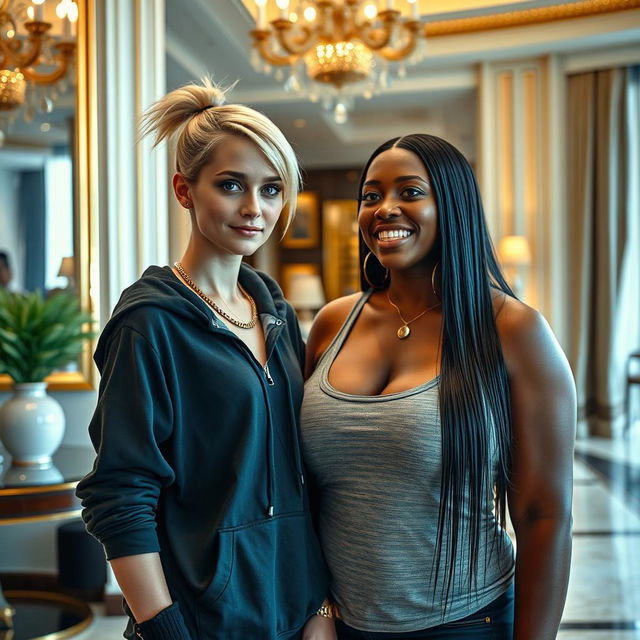 Inside a luxurious hotel, there is a striking scene featuring a very petite and slender young blonde woman, 20 years old, with blue eyes