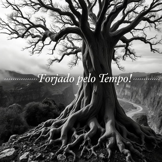 A hyper-realistic black-and-white image of a rugged landscape deeply rooted in nature