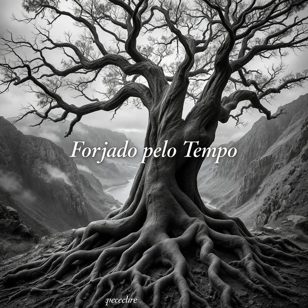 A hyper-realistic black-and-white image of a rugged landscape deeply rooted in nature