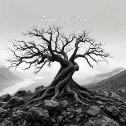 A hyper-realistic, minimalist black-and-white image of a rugged landscape