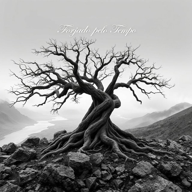 A hyper-realistic, minimalist black-and-white image of a rugged landscape