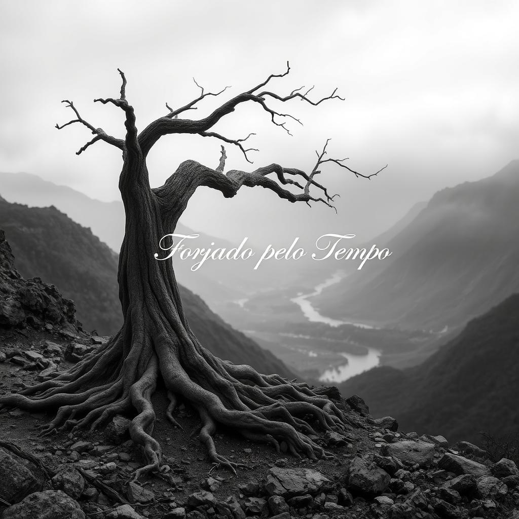 A hyper-realistic, minimalist black-and-white image of a rugged landscape