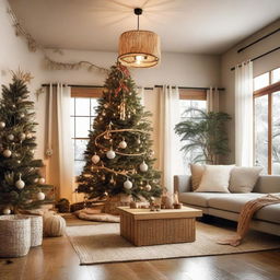 An enchanting living room festively adorned for Christmas and New Year 2024, boasting a bamboo and rattan wall decor, a pendant light, and a cozy Christmas tree situated in the corner.