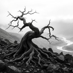 A hyper-realistic, minimalist black-and-white image of a rugged landscape