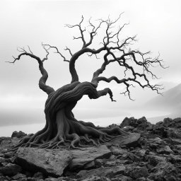 A hyper-realistic, minimalist black-and-white image of a rugged landscape