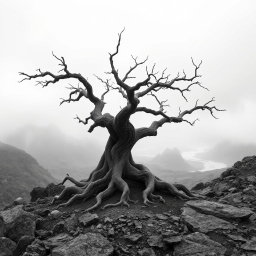 A hyper-realistic, minimalist black-and-white image of a rugged landscape