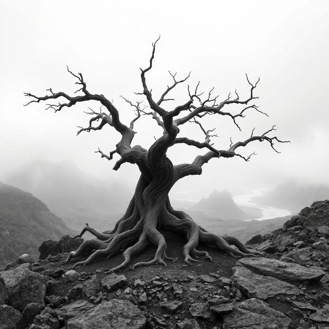 A hyper-realistic, minimalist black-and-white image of a rugged landscape