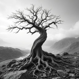 A hyper-realistic, minimalist black-and-white image of a rugged landscape