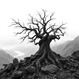 A hyper-realistic, minimalist black-and-white image of a rugged landscape