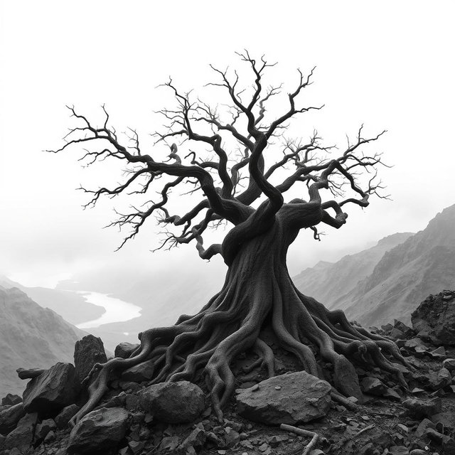 A hyper-realistic, minimalist black-and-white image of a rugged landscape