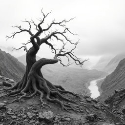 A hyper-realistic, minimalist black-and-white image of a rugged landscape