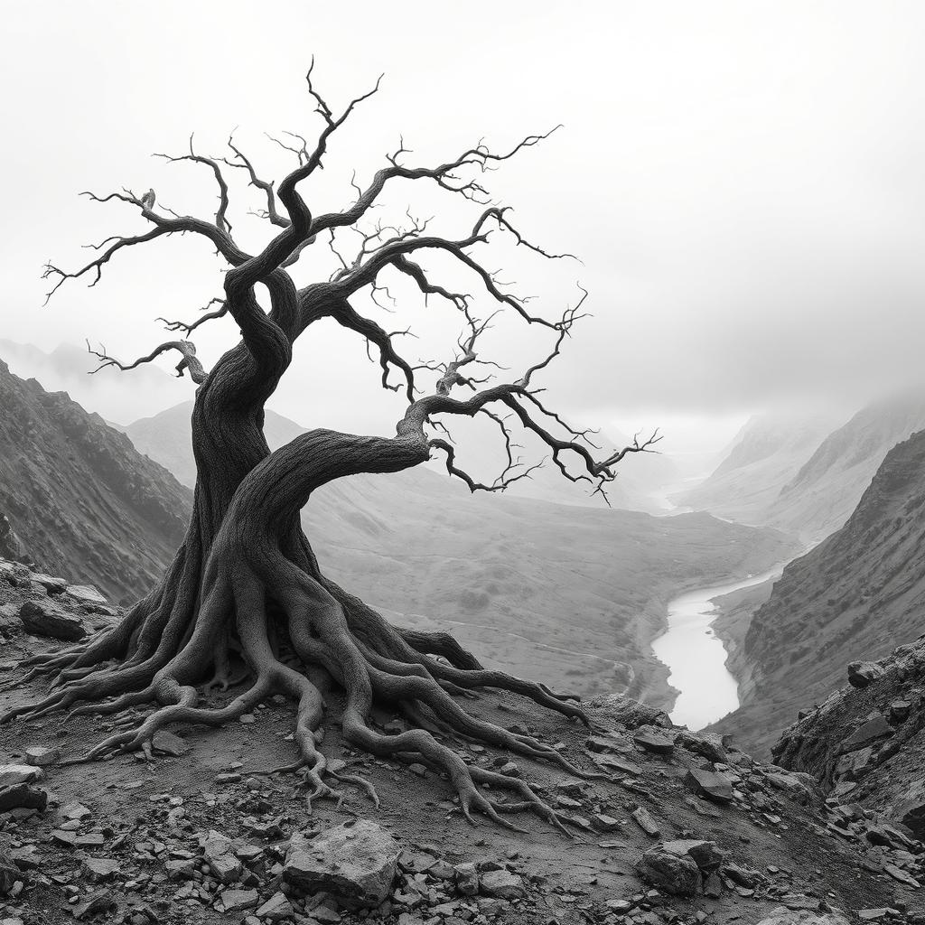 A hyper-realistic, minimalist black-and-white image of a rugged landscape