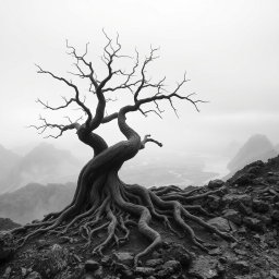 A hyper-realistic, minimalist black-and-white image of a rugged landscape