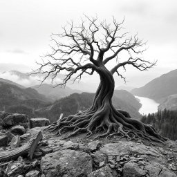 A hyper-realistic, minimalist black-and-white image of a rugged landscape