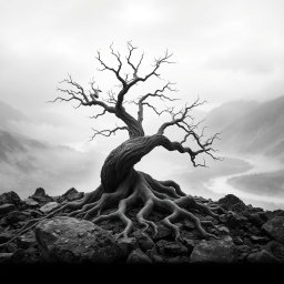A hyper-realistic, minimalist black-and-white image of a rugged landscape