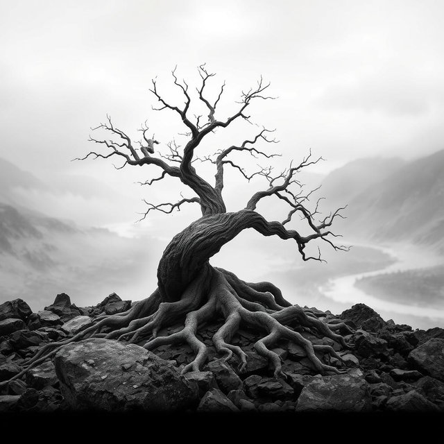 A hyper-realistic, minimalist black-and-white image of a rugged landscape