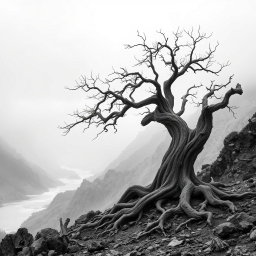 A hyper-realistic, minimalist black-and-white image of a rugged landscape