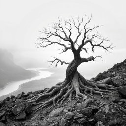 A hyper-realistic, minimalist black-and-white image of a rugged landscape