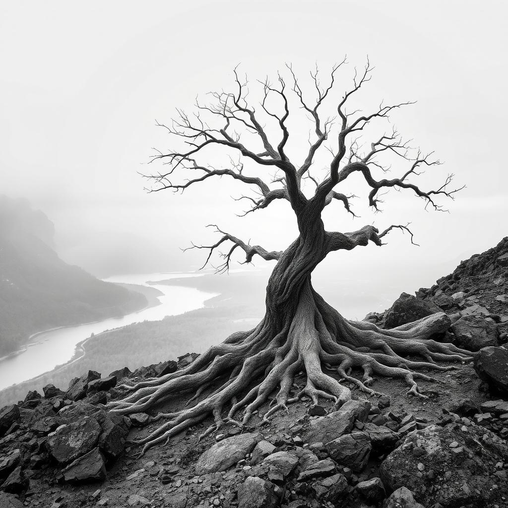 A hyper-realistic, minimalist black-and-white image of a rugged landscape