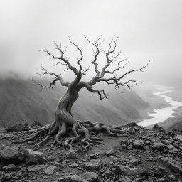A hyper-realistic, minimalist black-and-white image of a rugged landscape
