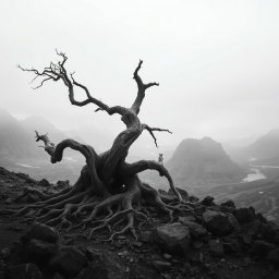 A hyper-realistic, minimalist black-and-white image of a rugged landscape