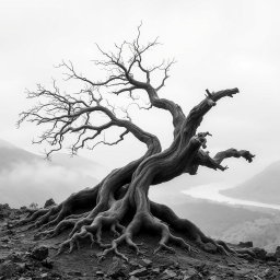 A hyper-realistic, minimalist black-and-white image of a rugged landscape