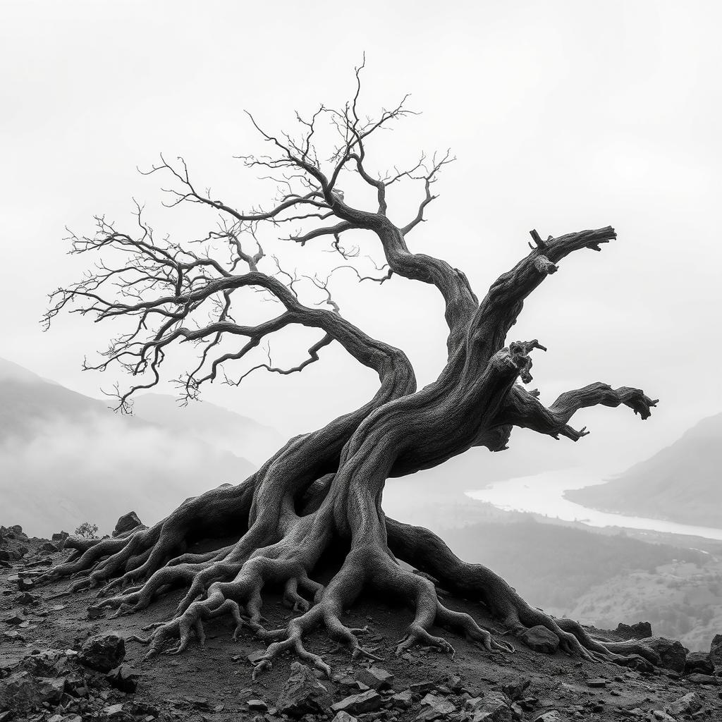 A hyper-realistic, minimalist black-and-white image of a rugged landscape
