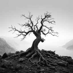 A hyper-realistic, minimalist black-and-white image of a rugged landscape