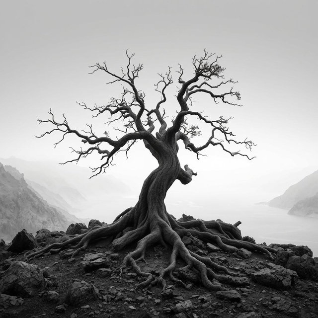 A hyper-realistic, minimalist black-and-white image of a rugged landscape