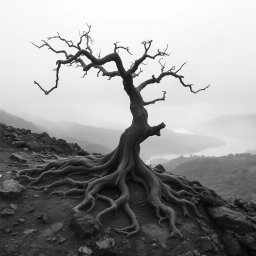 A hyper-realistic, minimalist black-and-white image of a rugged landscape