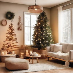 An enchanting living room festively adorned for Christmas and New Year 2024, boasting a bamboo and rattan wall decor, a pendant light, and a cozy Christmas tree situated in the corner.