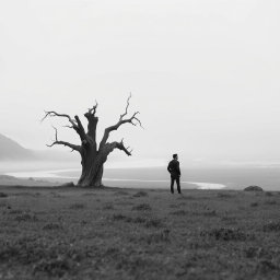 A hyper-realistic, minimalist black-and-white image of a rugged landscape