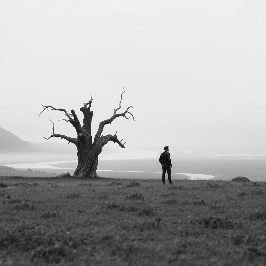 A hyper-realistic, minimalist black-and-white image of a rugged landscape