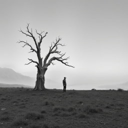 A hyper-realistic, minimalist black-and-white image of a rugged landscape