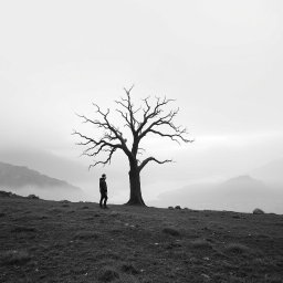 A hyper-realistic, minimalist black-and-white image of a rugged landscape