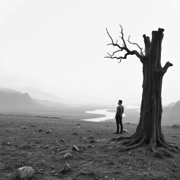A hyper-realistic, minimalist black-and-white image of a rugged landscape
