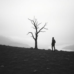 A hyper-realistic, minimalist black-and-white image of a rugged landscape